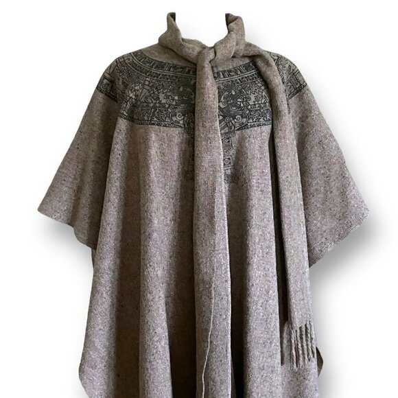 Vintage 1980s Womens Wool Blanket Cape O/S Aztec South American Art Print Boho - Picture 13 of 15